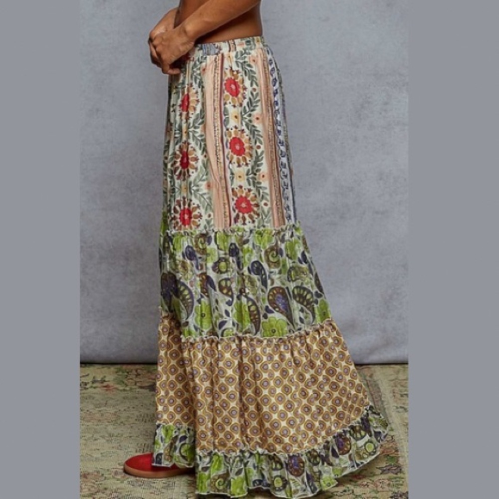 New POL Boho Hippie Colorful Print Patchwork Wide Leg Palazzo Pull On Pants - Picture 4 of 8